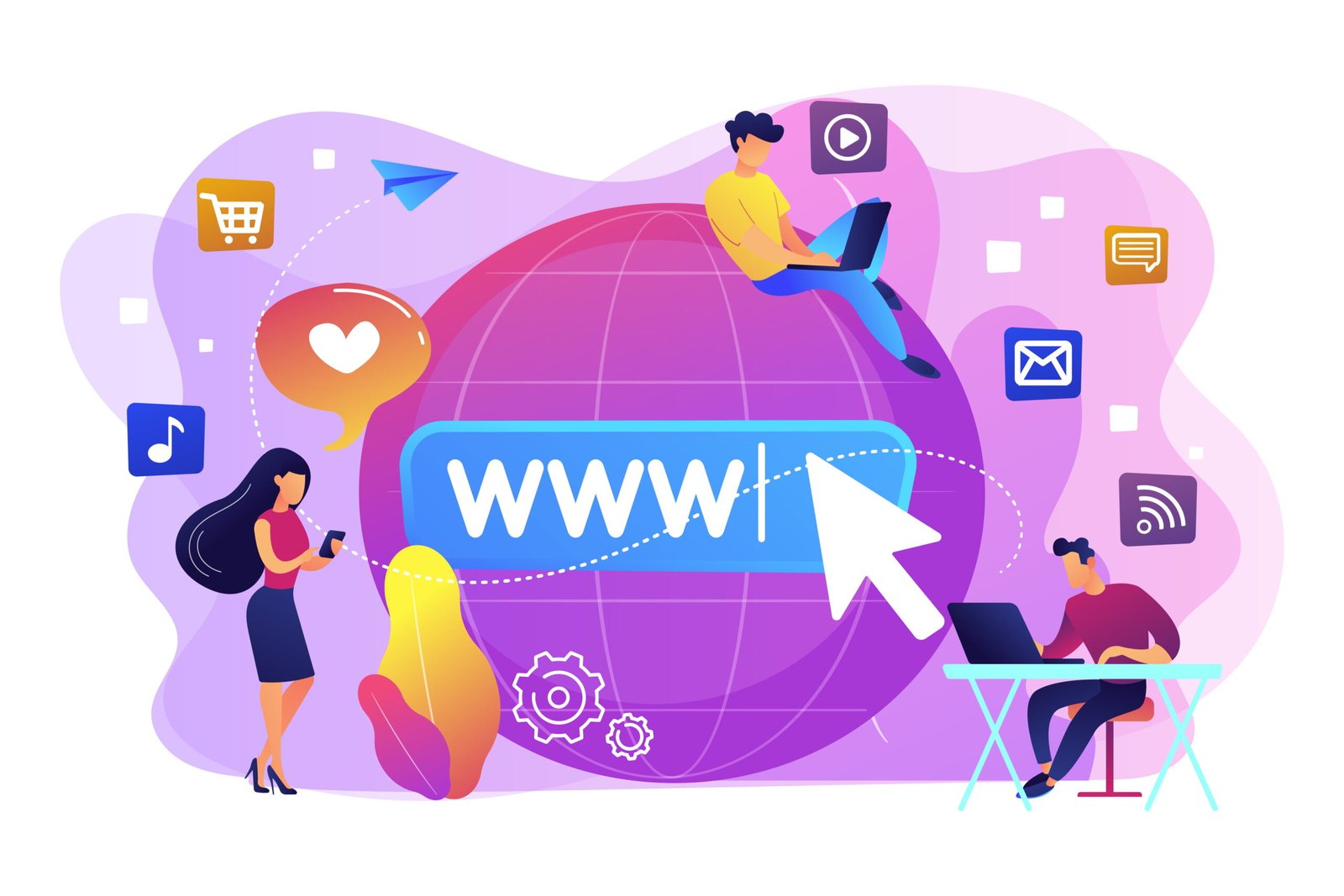 Tiny business people with digital devices at big globe surfing internet. Internet addiction, real-life substitution, living online disorder concept. Bright vibrant violet vector isolated illustration