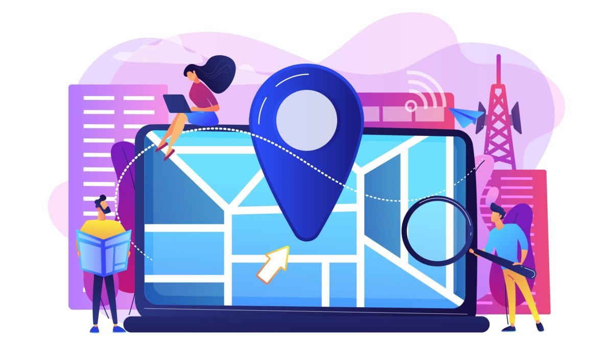 Digital GPS application for smartphones. Geotag sign on city map. Local search optimization, search engine targeting, local SEO strategy concept. Bright vibrant violet vector isolated illustration